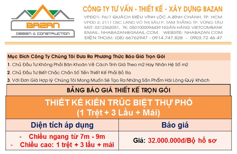 Báo giá thiết kế biệt thự phố trọn gói