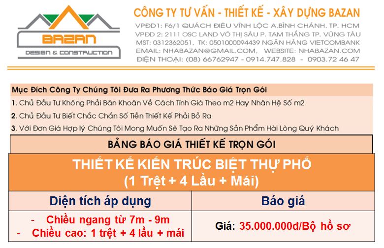 Báo giá thiết kế biệt thự phố trọn gói