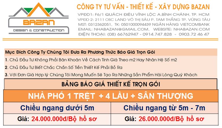 Báo giá thiết kế nhà phố 1 trệt 4 lầu sân thượng 2017 Báo giá thiết kế nhà phố 1 trệt 4 lầu sân thượng
